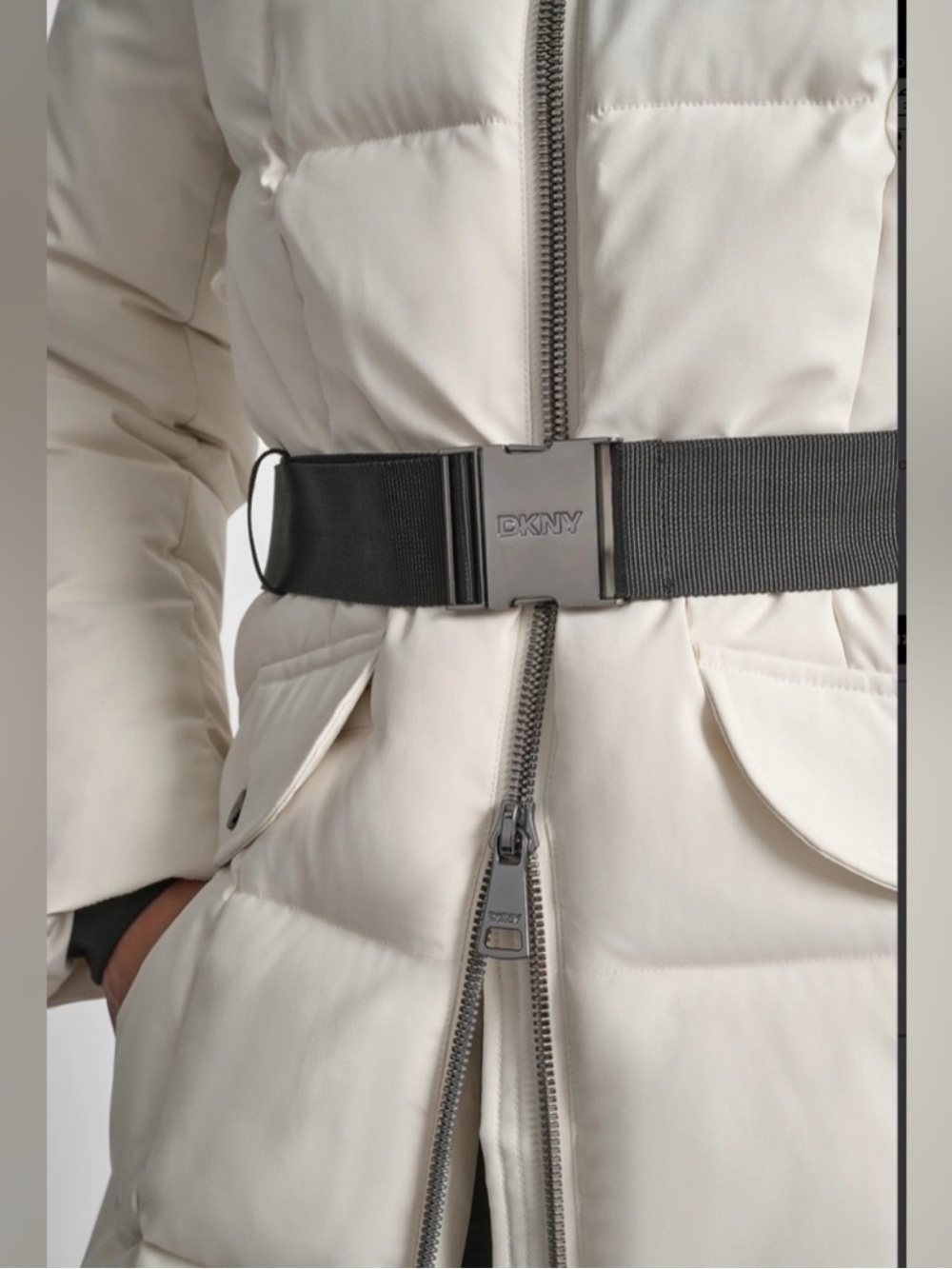 🌸 DKNY Cream Long Quilted Hooded Puffer Coat with Black Belt - Picture 3 of 9
